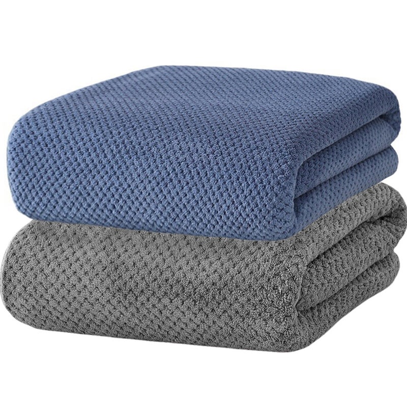 مناشف حمام من الألياف الدقيقة، 90 × 170 سم، مجموعة من 2، ناعمة جدًا، ماصة للغاية، تجف سريعًا، متعددة الاستخدامات (أزرق بحري ورمادي) - Image 1